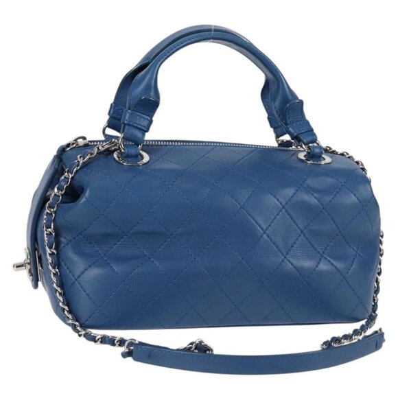CHANEL Matelasse Chain Hand Bag Lamb Skin 2way Blue Gold CC Auth 129955M - Picture 1 of 16